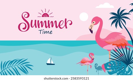 Summer time beach clipart background design. Summer beach background template clip art with cute mother and baby pink flamingo in tropical sea water vector illustration.