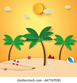 Summer time , beach and coconut tree , paper art style