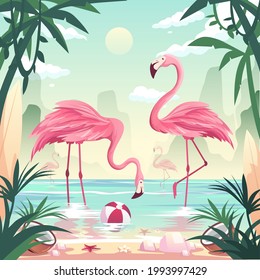 Summer time beach concept. Flamingos catching fish at the seashore The back view is an island in the mist. On the fifth side is a shady tree beach. with ball and coconut . Vector flat illustration