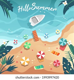 Summer time beach concept. The seaside aerial view features a pier, boats, swim rings, umbrellas and sunbeds. There is a shaded shade. Vector flat illustration
