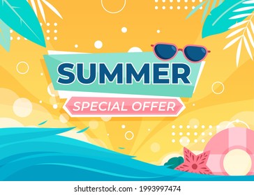 Summer time beach concept. Seaside View With sea, sand, swimming ring, sun glass, star fish, leaf and typographic. Creative background of beach and typographic. Vector flat illustration