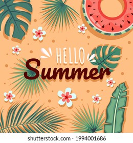 Summer time beach concept. Seaside View With swimming ring, sand, leaf and flower. Creative background of beach and typographic. Vector flat illustration