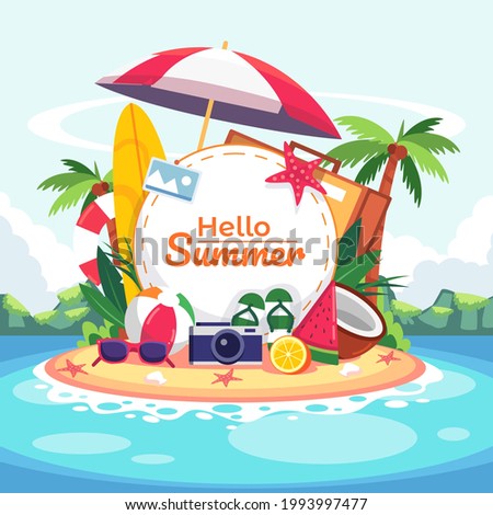 Summer time beach concept. Seaside View With sea, sand, swimming ring, sun glass, surf board, leaf, coconut tree, slipper, lemon,  camera and typographic. Creative background of beach and typographic