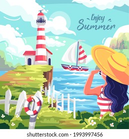 Summer time beach concept. A woman wearing a wide-brimmed hat and sunglasses sits under a canopy by the beach. She sat admiring the lighthouse and the sailing boats. Vector flat illustration