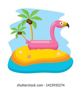summer time beach flamingo float palms vector illustration