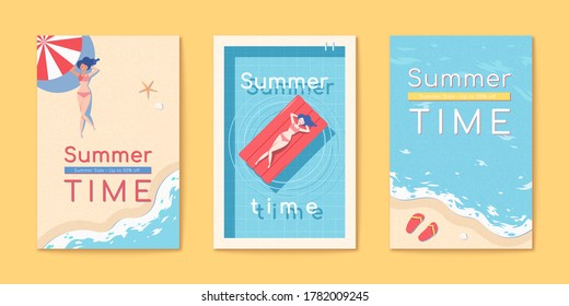 Summer time beach flyer set templates in flat style with sun tanning woman lying on beach and floating bed