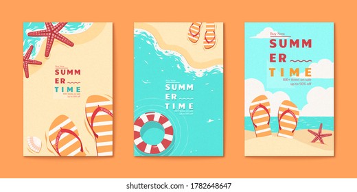 Summer time beach flyer set templates in flat style with sandals, starfish and lifebuoy