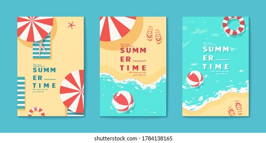 Summer time beach flyer set templates in flat style with sun tanning woman, parasol and beach ball