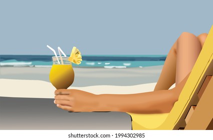 Summer time in beach with fresh drink and ocean view. Hands and swimsuit to enjoy the weather. Exotic women sunbathing in summer beach