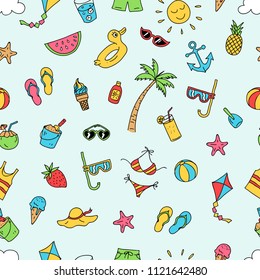 Summer time beach holiday seamless pattern. ready to print hand drawing cartoon style design for paper, fabric production.