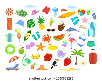 summer time beach holidays travel design elements, mattress, suitcase, umbrella, sunchair, palm tree, leaf, fruits, pineapple, coconut drink, flip flops, bikini, hat, shirt, flamingo, surfboard, crab