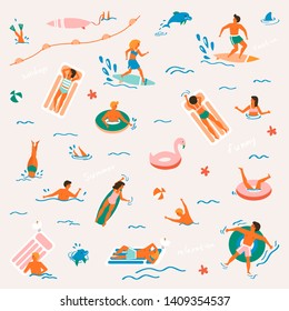 Summer time beach illustration in vector. People swimming, have a fun, sunbathing and relaxing in the ocean.