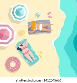 Summer time beach illustration in vector. Women sunbathing and relaxing on the ocean beach. Young long-haired girls. Summer vacation, travelling tour concept in flat style. Flyer, poster.