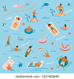 Summer time beach illustration in vector. People swimming, have a fun, sunbathing and relaxing in the ocean.