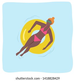 Summer time beach illustration in vector. Top view of young woman swimming on the inflatable big circle in the ocean.