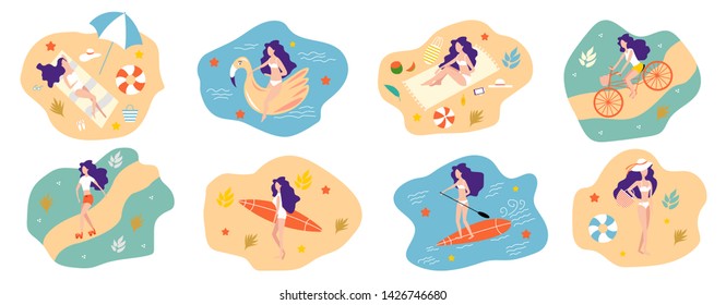 Summer time beach illustration in vector. Girl swimming, sunbathing and relaxing in the ocean. Girl lying on beach in a swimsuit and a hat. Girl riding bicycle. Girl  standing on surf board.