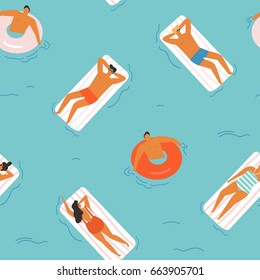 Ilustración de la playa en vectores. Gente nadando, tomando el sol y relajándose en el océano.