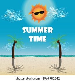 Summer Time Beach Island Palm trees vector background