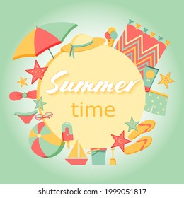 Summer time. Beach items banner, poster. Vector illustration in flat cartoon style.
