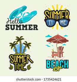 Summer Time Beach Life Hand Lettering  Vector Illustrations Set Designs.