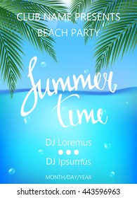 Summer Time Beach Party Poster. Summer vector illustration with ocean, palm trees and palm leaves.