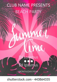 Summer Time Beach Party Poster. Summer vector illustration with  palm trees and palm leaves.