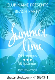 Summer Time Beach Party Poster. Summer vector illustration with  palm trees and palm leaves.