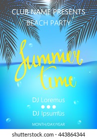 Summer Time Beach Party Poster. Summer vector illustration with  palm trees and palm leaves.