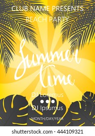 Summer Time Beach Party Poster. Summer vector illustration with  palm trees and palm leaves.