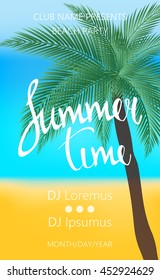 Summer Time Beach Party Poster. Summer vector illustration with  palm trees and palm leaves.