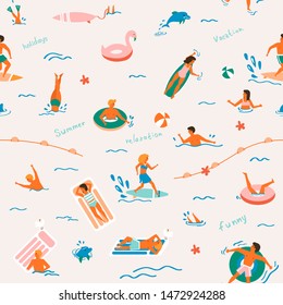 Summer time beach pattern in vector. People swimming, have a fun, sunbathing and relaxing in the ocean.