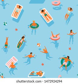 Summer time beach pattern in vector. People swimming, have a fun, sunbathing and relaxing in the ocean.