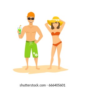 summer time beach people, man and woman in beachwear, couple on vacations, isolated 