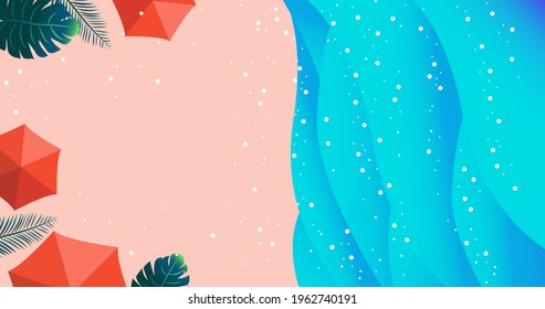 Summer time beach resort background. Illustration with sea side, water waves, trees, leaf plants and sun umbrellas. Editable vector for flyers, social media post, banner
