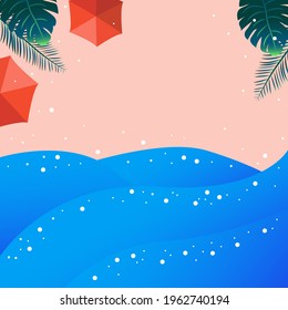 Summer time beach resort background. Illustration with sea side, water waves, trees, leaf plants and sun umbrellas. Editable vector for flyers, social media post, banner