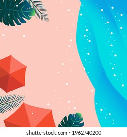 Summer time beach resort background. Illustration with sea side, water waves, trees, leaf plants and sun umbrellas. Editable vector for flyers, social media post, banner