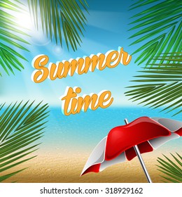 Summer Time in Beach with sea and palm leaves. Vector Illustration. EPS