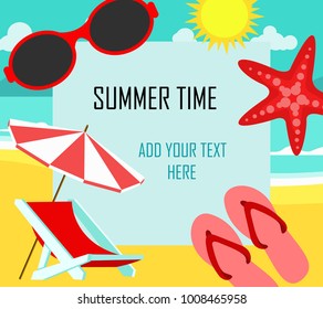 Summer time in beach sea shore with realistic objects and space for your text. Vector Illustration