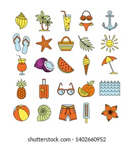 Summer Time in Beach Sea Shore with Objects. Vector Illustration. Collection icons Set Outline Holiday. color sketch art