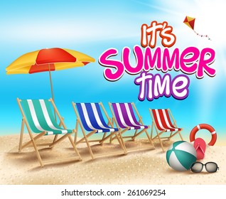 Summer Time in Beach Sea Shore with Realistic Objects. Vector Illustration.