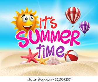 Summer Time in Beach Sea Shore with Realistic Objects. Vector Illustration.