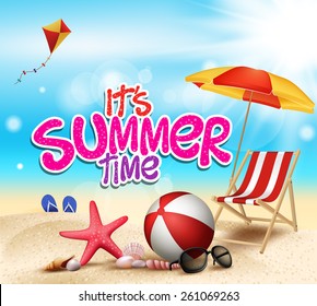 Summer Time in Beach Sea Shore with Realistic Objects. Vector Illustration.