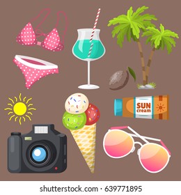 Summer time beach sea shore realistic accessory vector illustration sunshine travel