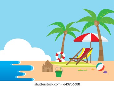 Summer Time in Beach Sea Shore with objects. Vector Illustration.