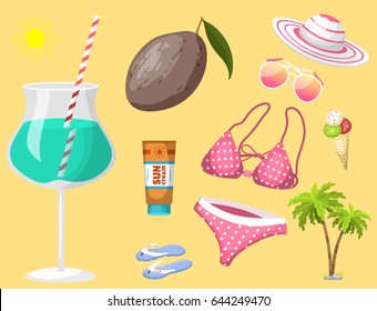 Summer time beach sea shore realistic accessory vector illustration sunshine travel