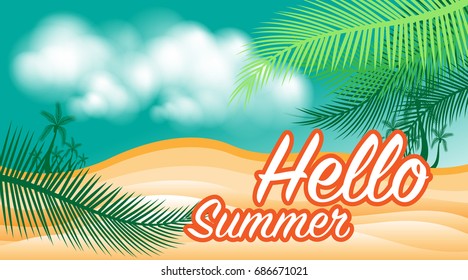 Summer Time Beach and Sky illustration Concept with text for Background and Postcard Vector Design