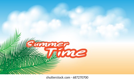 Summer Time Beach and Sky illustration Concept with text for Background and Postcard Vector Design