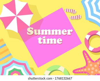 Sommerzeit. Die Aussicht auf den Strand. Sonnenschirm und Handtuch auf dem Sand. Flaches Design. Ort für Text, Web-Banner. Vektorgrafik