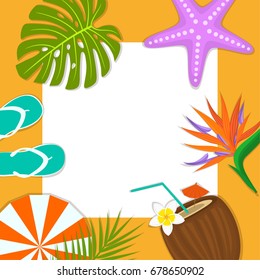 summer time beach travel frame card background template flip flops, umbrella, coconut drink, bird of paradise flower, flippers, monstera tropical leaf, seashell, place for your text