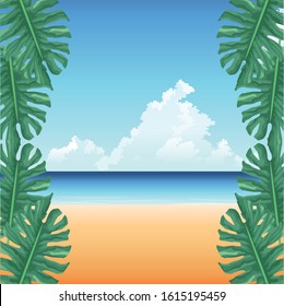 summer time in beach tropical monstera leaves sand sea vector illustration